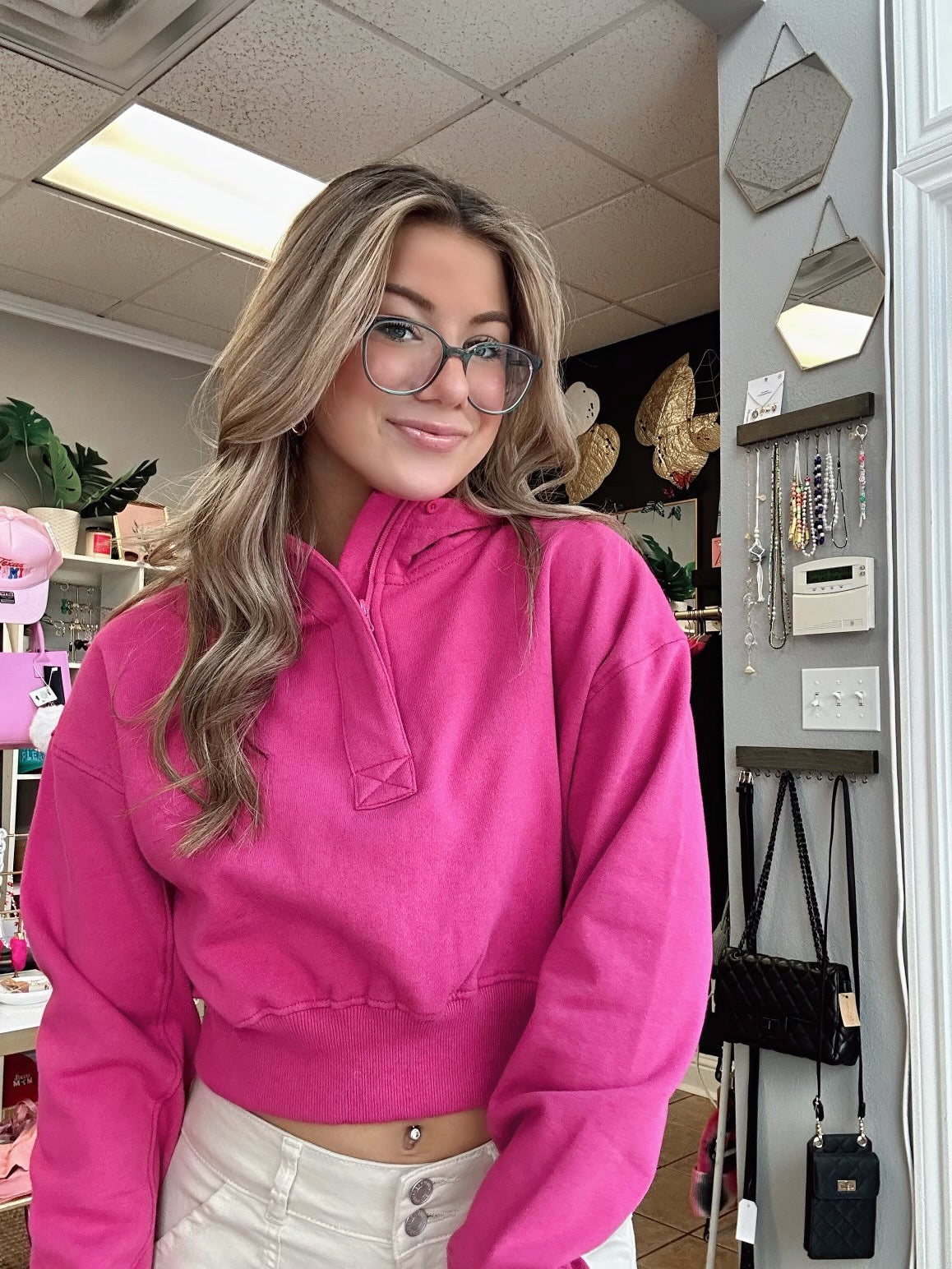 Cropped Half-Zip Fleece Hoodie