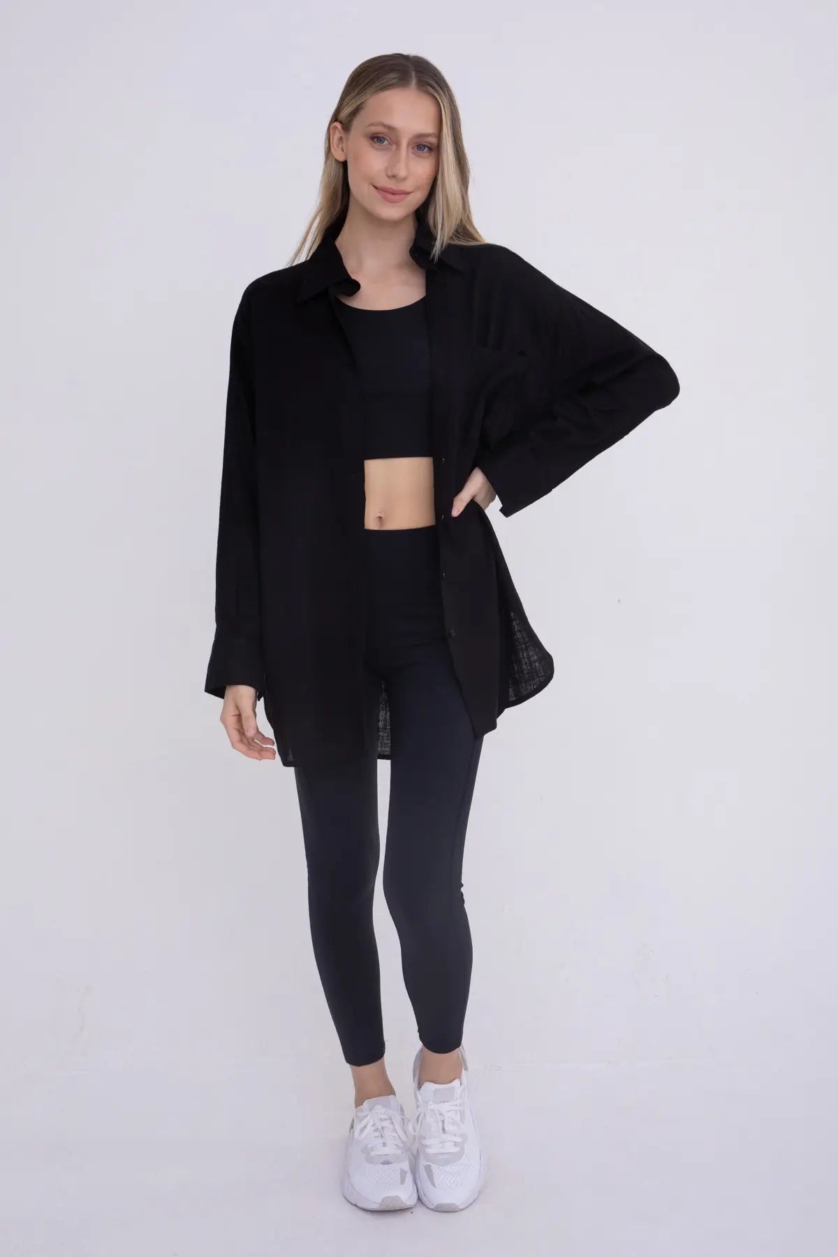Linen-Blend Button Down Shirt - Black