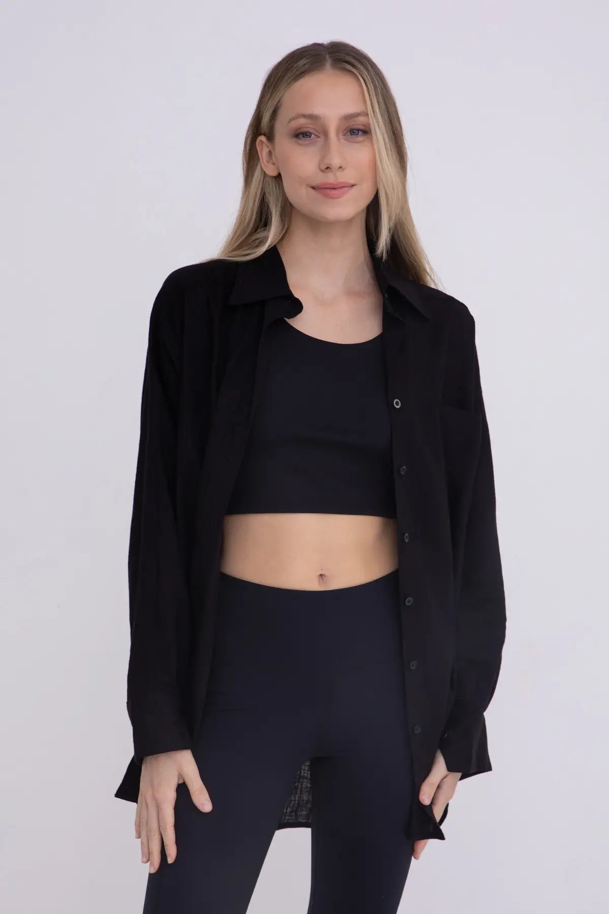 Linen-Blend Button Down Shirt - Black