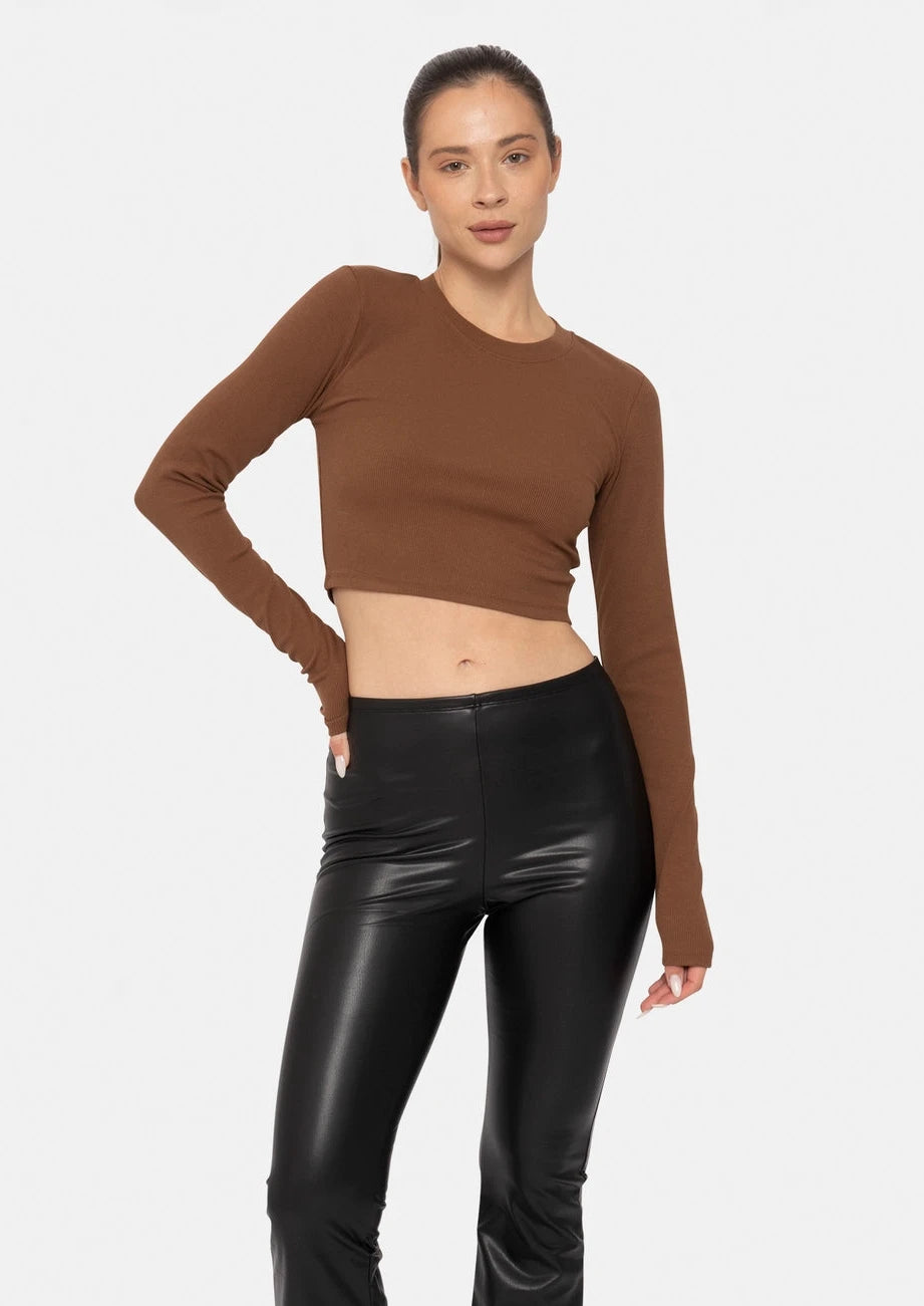 Micro-Ribbed Long-Sleeved Cropped Top - Cocoa Dust