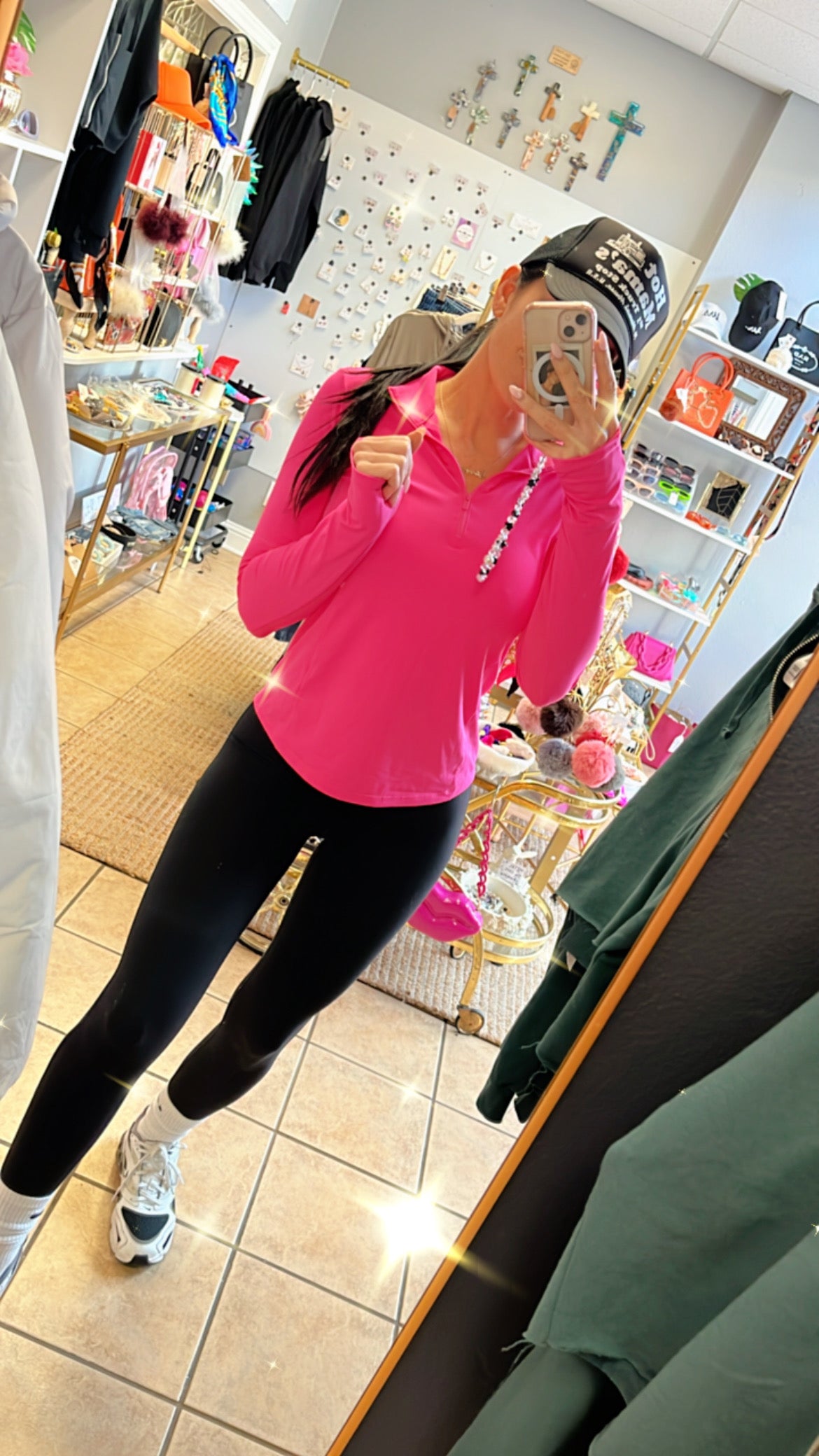 Mock Neck Half Zip Long Sleeve Active Top - Barbie Pink