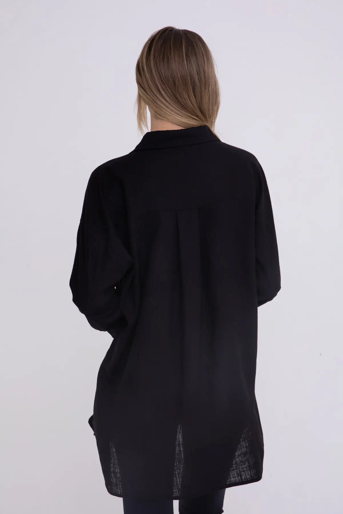Linen-Blend Button Down Shirt - Black